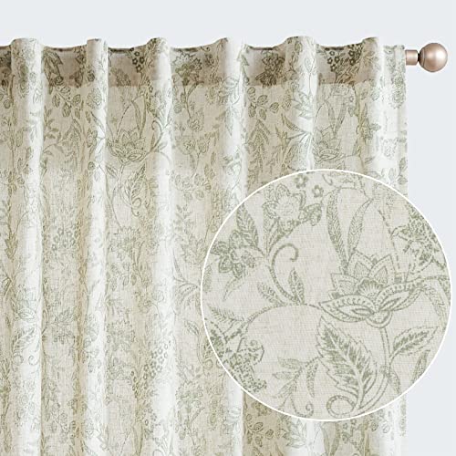 TOPICK Gardinen Leinen Vorhänge Blumen Bedruckt Wohnzimmer Gardine mit verdeckten Schlaufen Curtains Living Room für Schlafzimmer Landhaus Tür 2er-Set Grün auf Beige 140B x 175H(cm)