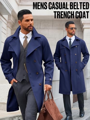 Image of Runcati Mens Trench Coat Double Breasted Notched Lapel Casual Belted Windbreaker Fall Classic Long Jacket Overcoat