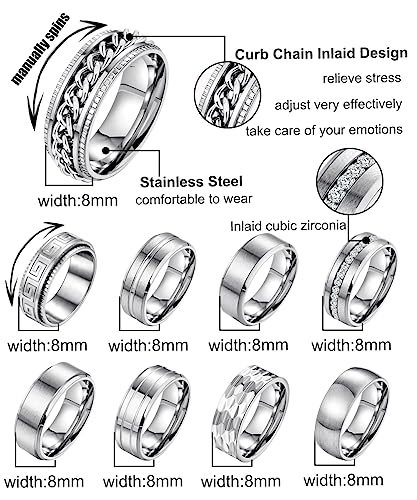 image for LOAYHOAY 9Pcs 8MM Stainless Steel Band Rings for Men Women Chain Rings