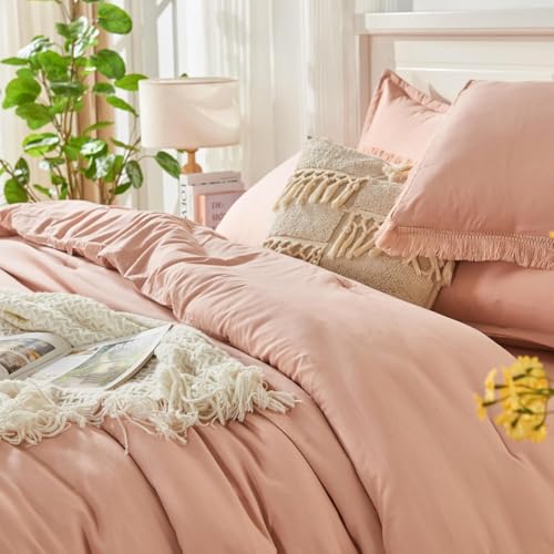 Image of Andency Oversized King Comforter Set with Sheets 120x120 Pink - 7 Pieces Boho Tassel Bed in a Bag Soft Lightweight Bedding Sets, Fringe Bed Set with Comforter, Sheets, Pillowcases & Shams