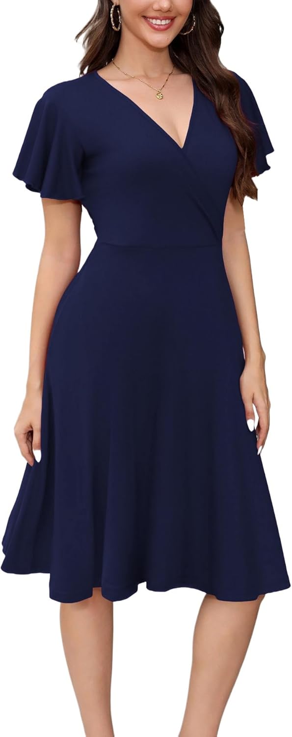 Women's Summer Dress 2026 Vintage Casual Office Professional Elegant Work V Neck A Line Knee Length Dresses with Pockets 560