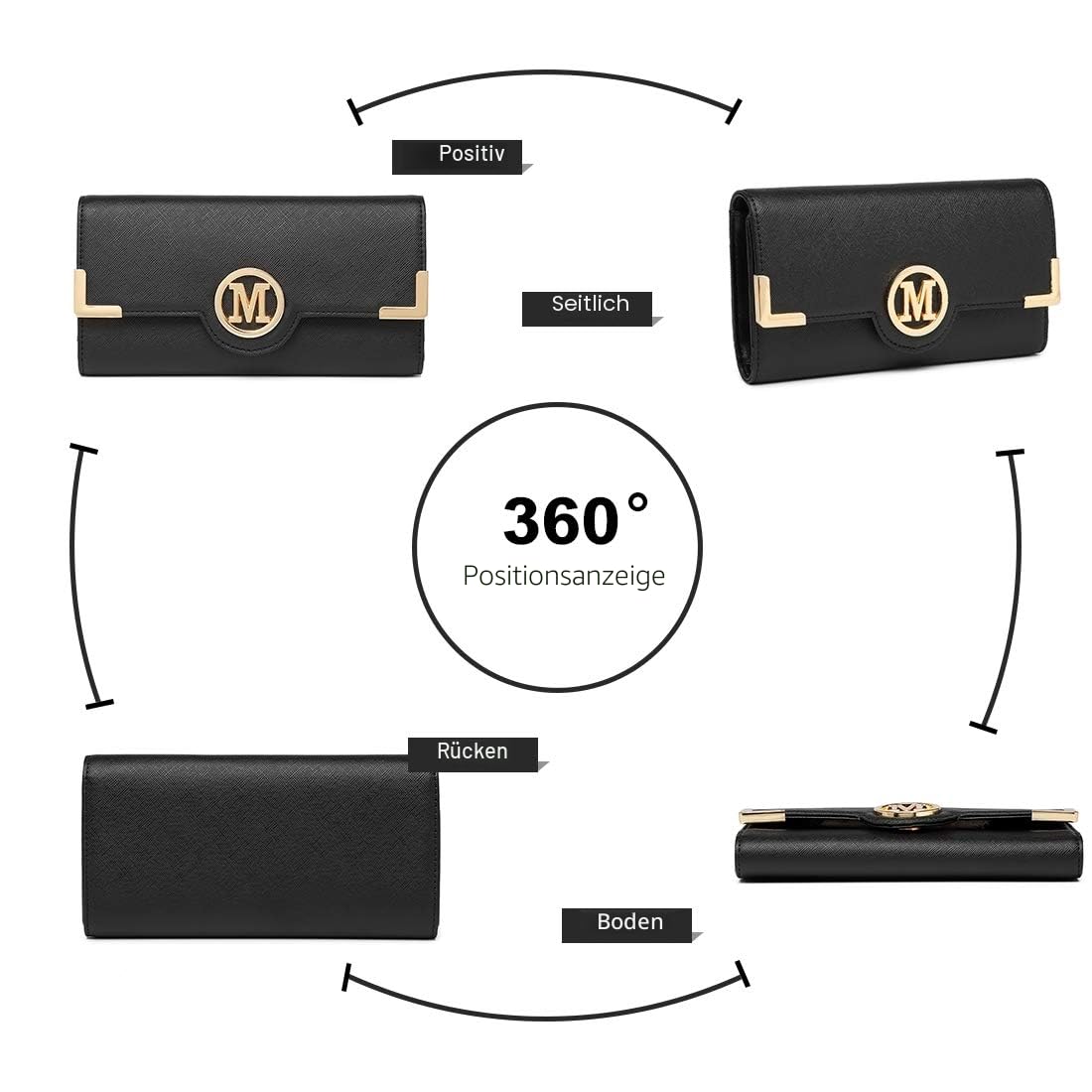 Miss Lulu Handtasche Damen Mittelgroß, Tasche aus PU-Leder, Women's Handbag Elegant, Umhängetasche mit Lychee-Muster und Mehreren Innentaschen für Arbeit Freizeit und den Alltags Schwarz