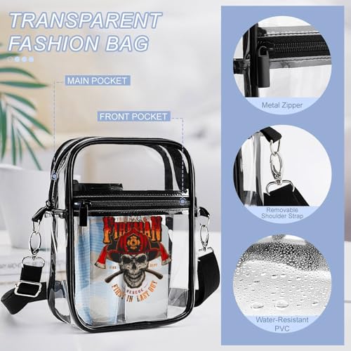 Vintage Firefighter Skull Clear Crossbody Bag Stadium Bag Adjustable Side Shoulder Bags Messenger Bag with 2 Compartments4