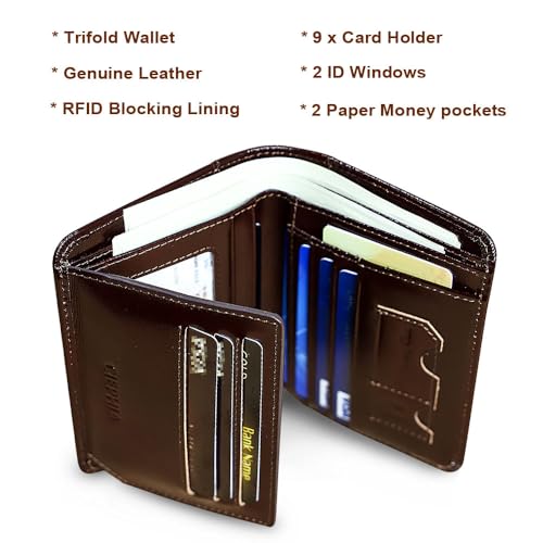 RFID Blocking Trifold Genuine Leather Wallets for Men, Vintage Short Multi Function Credit Card Holder,Money Clips with 2 ID Windows Give Gifts to Men(Oil Wax Coffee)2