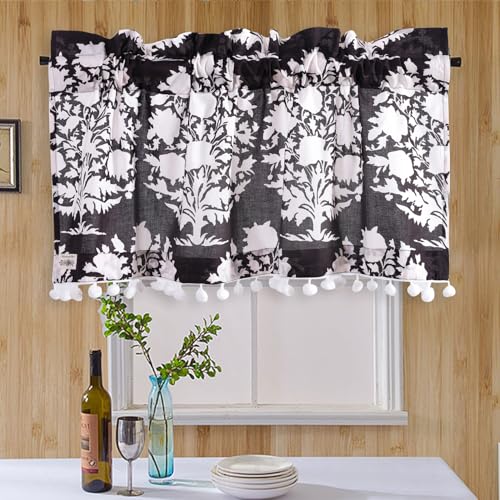 Image of Ravaiyaa - Attitude is everything Hand Printed Half Window Kitchen Curtain 100% Cotton Short Drapery Valance Curtain 40 inch X 18 inch Inch (Black White Tree)