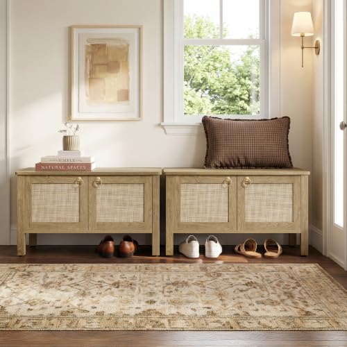 Image of SICOTAS Rattan Storage Bench Boho Storage Chest with 2 Safety Hinges | Wood Storage Truck Box for Bedroom, Living Room, Entryway, Supports 220 lb