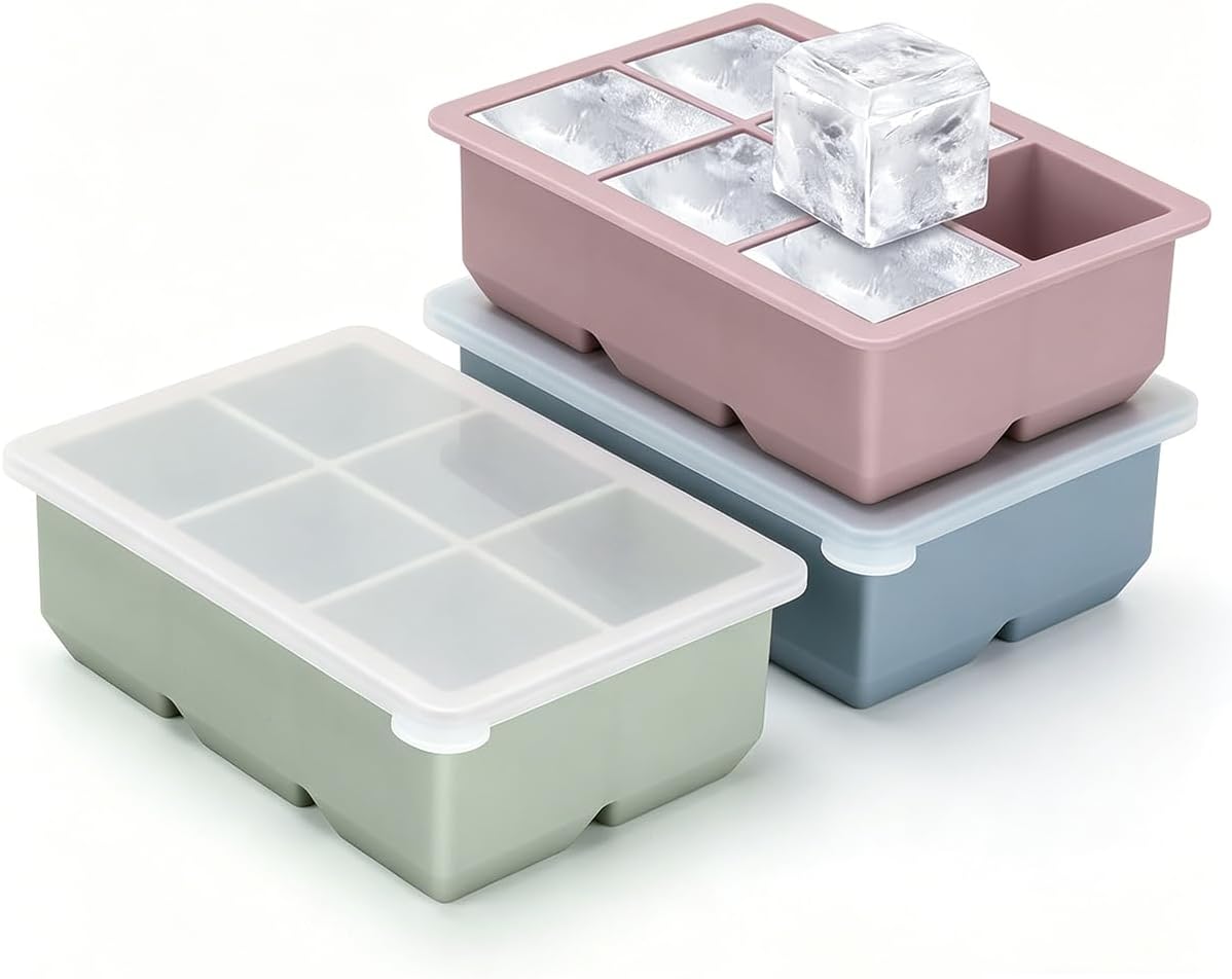 Ice Cube Trays for Freezer, Ice Cube Tray 3 Pack, Large Square Silicone Ice Cube Molds with Leak-Proof Removable Lid, BPA Free Flexible Stackable Ice Molds for Whiskey & Cocktails