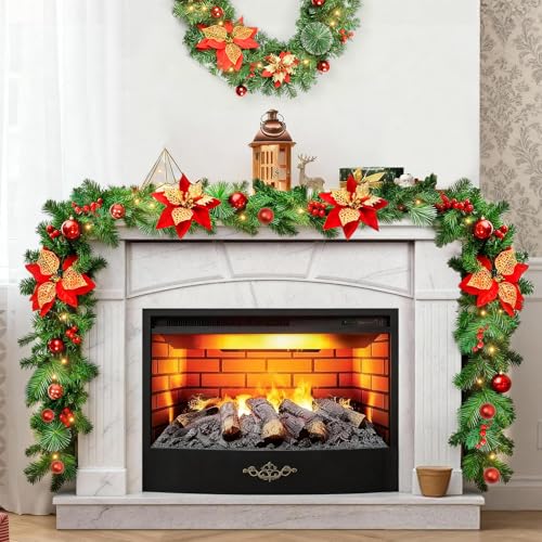 Guirnalda Navidad 2,7m con Luces LED, Decora tu Escalera, Chimenea y Puerta de Entrada Esta Navidad! Adornos Navideños para Exterior e Interior, Verde con Flores Rojas y Bolas