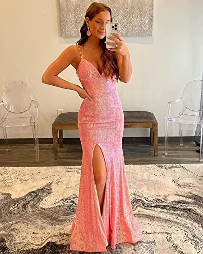 Leeskoot Sequin Prom Dress for Women Long Mermaid Spaghetti Straps Evening Gown with Slit 20234
