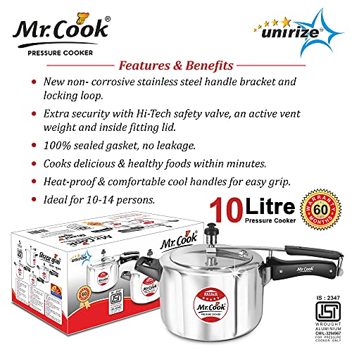 Image of MR COOK By United Metalik Regular Aluminium Non-Induction Pressure Cooker with Inner Lid (Silver) (10 Litre)