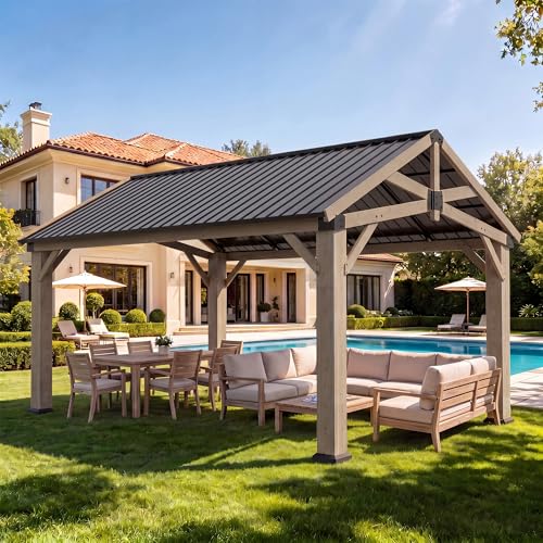 Aoxun 12 x 14 Outdoor Wood Gazebo Hardtop Gazebo Permanent Wooden Pavilion with Galvanized Steel Gable Roof for Patio Garden Deck Cedar Wood
