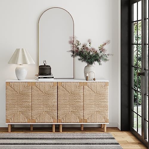 Image of Nathan James Beacon Accent Natural Sideboard Storage Cabinet TV Stand with Adjustable Interior Shelf and Seagrass Doors, for Hallway, Entryway or Dining Room, Light Brown /White, Set of 2