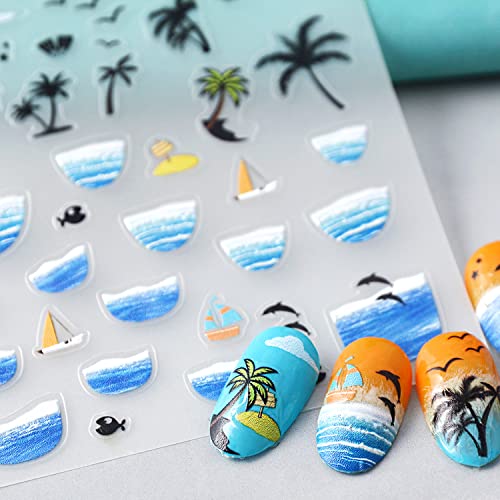 Summer Coconut Tree Nail Art Stickers 5D Acrylic Engraved Nail Stickers 3D Self-Adhesive Nail Art Supplies Decals Cool Sea Beach Palm Summer Nail Art Design Transfer Sliders For Nails Art Decorations #TOP3