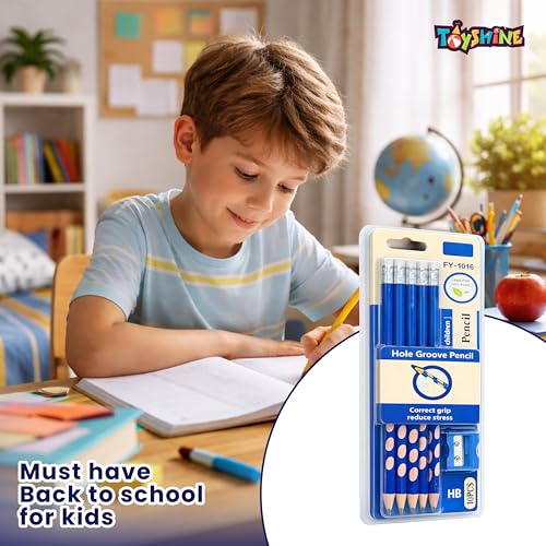 Image of Toyshine HB Pencil Set with Erasers on Top | Pack of 10 Round Hole Groove Grip Pencils with Sharpener & Pencil Cap | Comfortable Writing School Stationery for Kids & Students - Blue