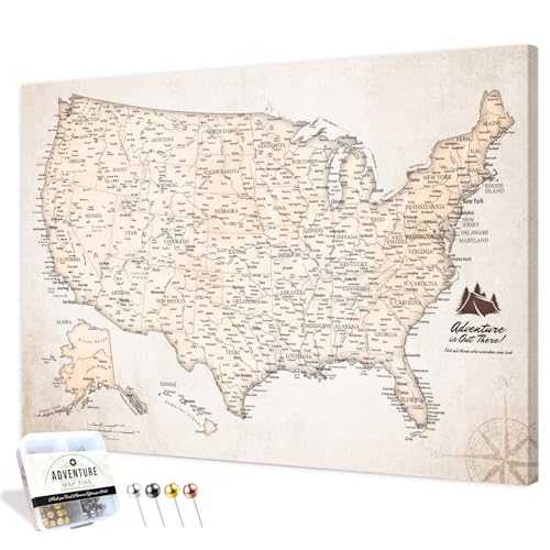 Image of IPIC - Vintage USA Map Pin Board Canvas Wall Art, Travel Map with Pins Included, Ready to Hang for Home or Office 24x16 Inch