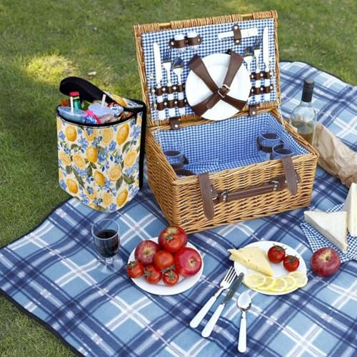 Image of Talayituse Lemon Floral Print Car Trash Can with Adjustable Straps, Foldable Car Trash Bag Bin Car Garbage Bag Multipurpose Storage Box for Vehicle Travel Camping Picnicing