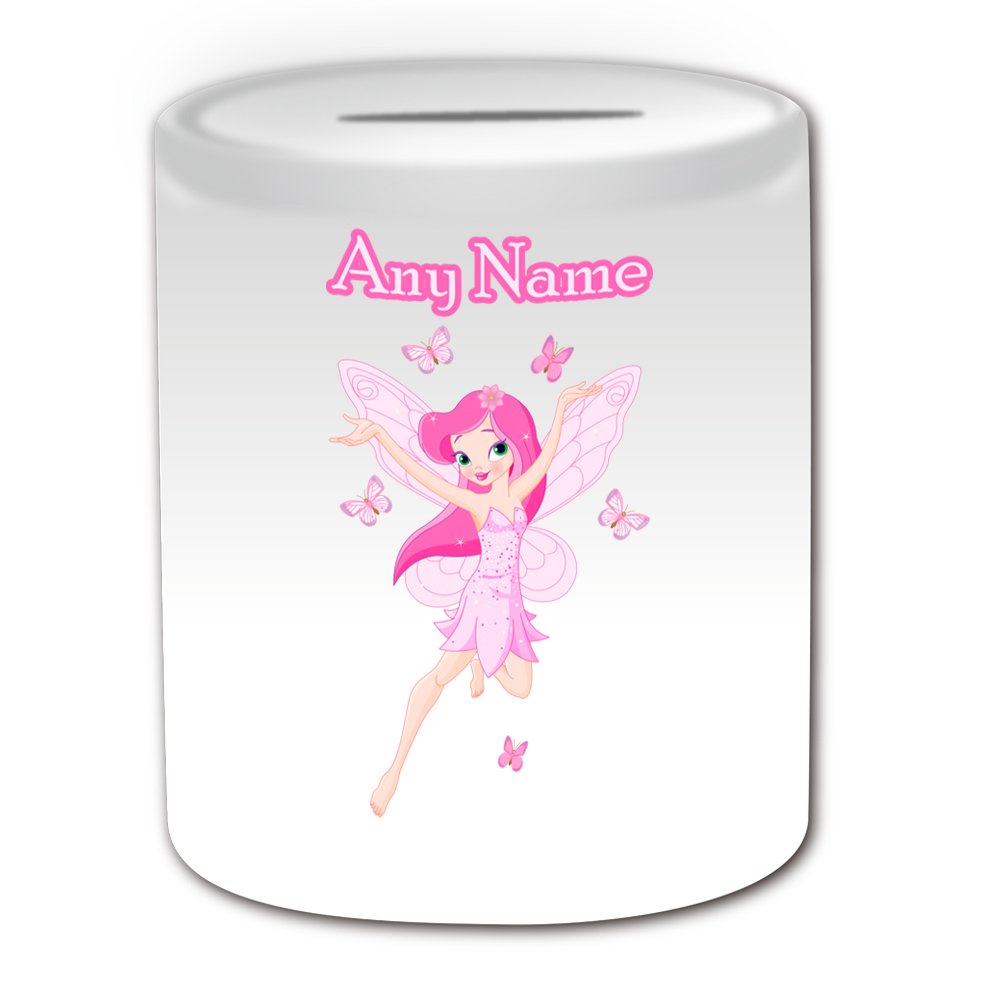 Unigift White Personalised Gift - Flying Fairy In Pink Money Box (Fairy Tale Design Theme, ) - Any Name/Message On Your Unique - Saving Piggy Bank - Butterfly Butterflies