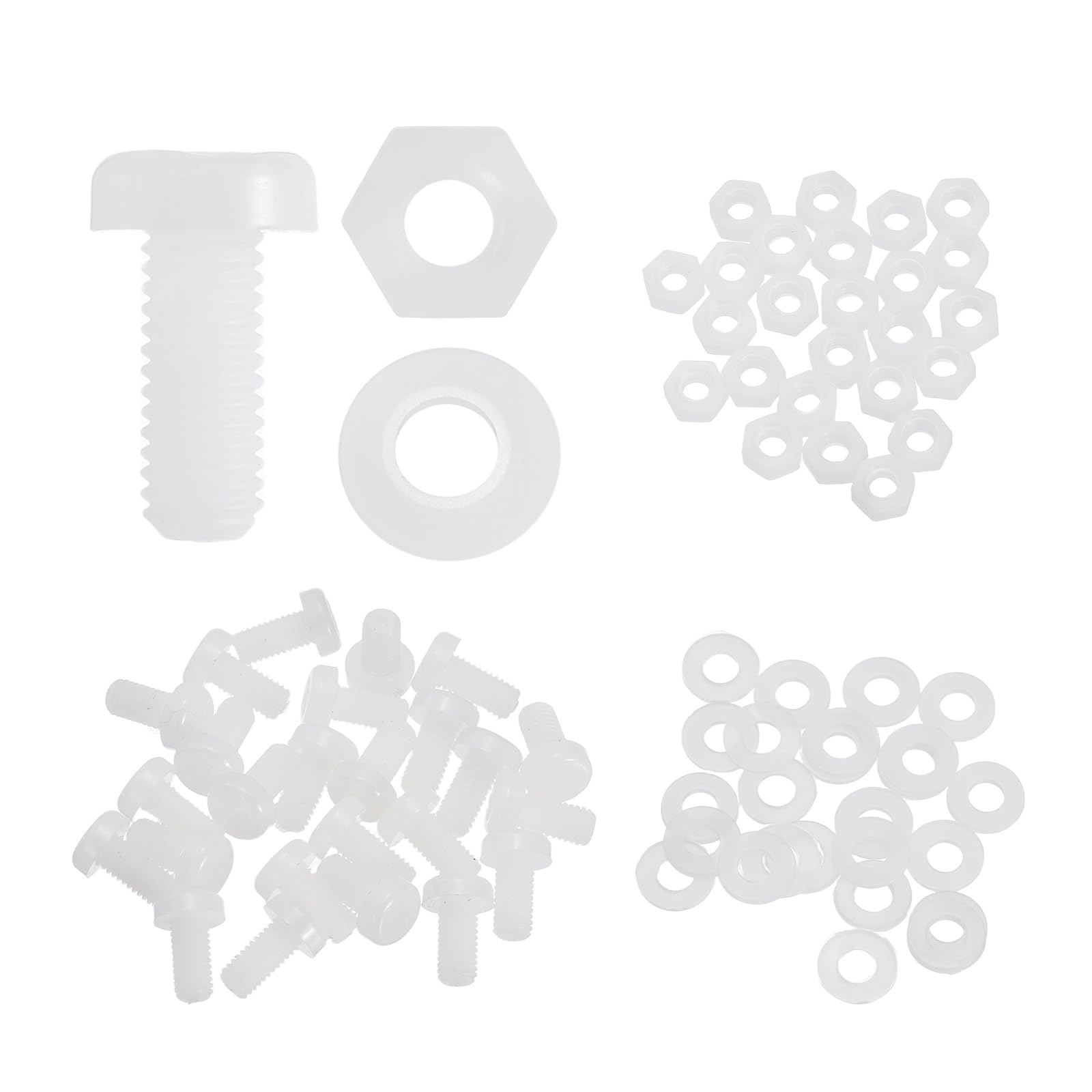 sourcing map 25 Set M5x10mm Nylon PA66 Plastic Cross Round Head Screw Phillips Bolts Hex Nuts Flat Washers Assortment Kit, Metric Full Thread Bolt Fasteners for DIY Machine Assembly, White — image 1