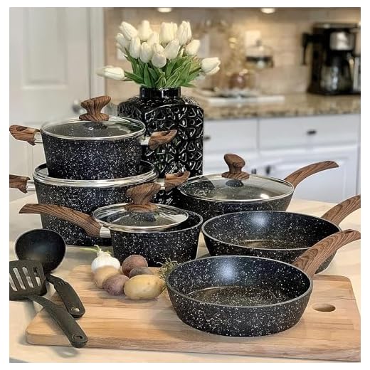 Kitchen Academy Induction Hob Pans Set - 12 Pieces Black Granite Kitchen Cookware Set