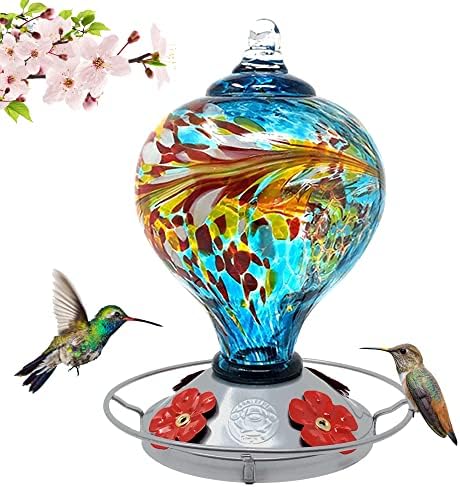 Grateful Gnome Hummingbird Feeder with Perch for Outdoor Hanging Hand Blown Glass Large Blue Egg with Flowers 36 Fluid Ounces Kit Includes S-Hook, Ant Moat and Brush