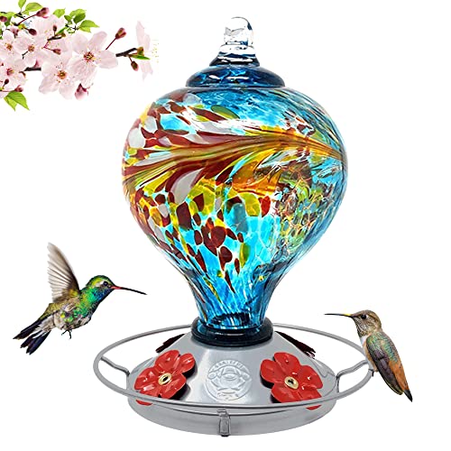 Grateful Gnome Hummingbird Feeder With Perch For Outdoor Hanging Hand Blown Glass Large Blue Egg With Flowers 36 Fluid Ounces Kit Includes S-Hook, Ant Moat And Brush #TOP15