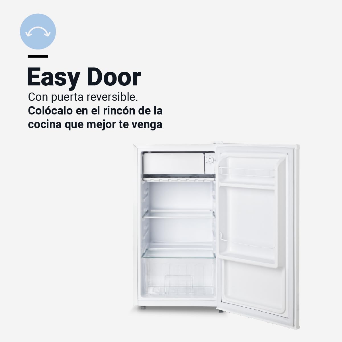 UNIVERSALBLUE Frigorífico Mini Bajo Encimera 90L Blanco - Puerta Reversible, Bajo Consumo, Congelador 0º a -3º, Almacenamiento Fácil, Luz Interior | Nevera Mini
