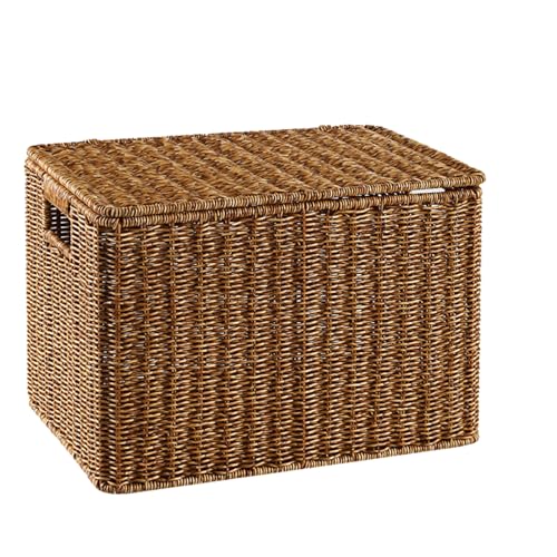 acmeer ラタンバスケット かご バスケット ラタンボックス 蓋付き 収納ボックス 籐 手編み 収納かご 深型 カゴ 大容量 防塵 雑貨 小物入れ 衣類収納 大きいサイズ ナチュラル インテリア おしゃれ 洗える 玄関 寝室 洗面所 クローゼット (ラ