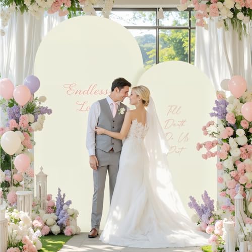Image of Beige and Purple Arch Cover 2 Set-7.2FT, 6FT Arch Backdrop Cover Spandex Fitted Wedding Arch Stand Covers for Bridal Shower Wedding Baby Shower Birthday Party Ceremony Photo Background Decorations