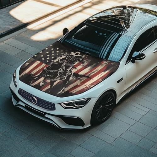 Image of American Flag Cowboy Design Car Hood Cover Protector Stretchable Car Hood Wraps Auto Banner Auto Decorative Accessories for Compact Sedans SUV Trucks (59x39 Inch)