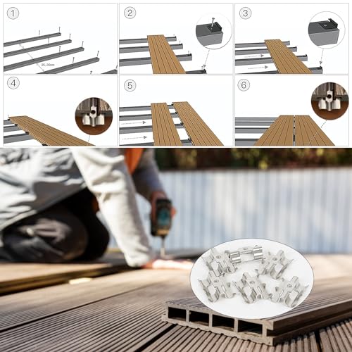100 Stück Terrassenclips, mit Schrauben, WPC Clips Edelstahl, Befestigungs Clips, Abstandshalter Terrassendielen Clip, Versteckte Abstandhalter für WPC/BPC Dielen Verbunddielen (#A 6 Sporen)