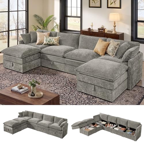 Image of Ihanherry 135 inch Modular Sectional Sofa with Storage, U Shaped Cloud Couch with Movable Ottomans & 4 Pillows, Chenille Deep Seat Sectional Couches for Living Room, Apartment (Grey)