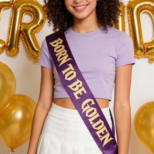 “BORN TO BE GOLDEN” Demon Movie Hunters Party Sash, Purple Satin with Gold Foil Lettering, Birthday Sash for Women & Girls, K-Pop Inspired Celebration Accessory, Stage Glam Theme Party Supply — view 2