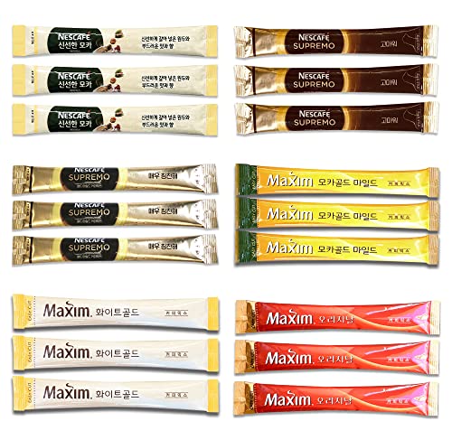 Instant Coffee Mix Packets Single Serve - Korean Variety Sampler 18 Sticks of 6 Different Flavors Assortment Maxim Mocha Supremo White Gold Original Mocha by Unha's Asian Snack Box