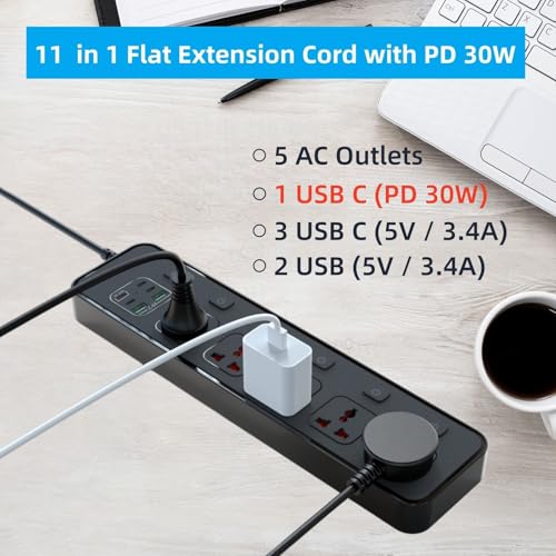 Extensión Jumpso con 5 tomas universales y 6 puertos USB, cable de 1.83 m, 110V, 3000W, puerto USB-C PD 30W miniatura 2