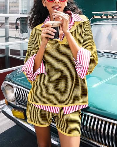 Image of Tankaneo Womens Sweater Set 2 Piece Outfits Oversized 3 /4 Sleeve V Neck Knit Tops High Waisted Shorts Lounge Sets