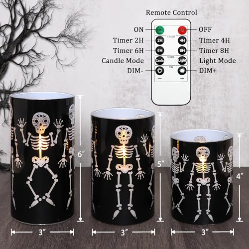 Image of Glass Flameless Candles Black Funny Skeleton Party Decor Battery Operated with Remote Gothic Spooky LED Pillar Candle for Halloween Decorations Haunted House Favors Classrooms, Set of 3