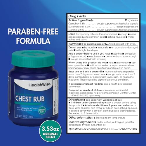 Image of HealthWise Medicated Chest Rub | Cough suppressant | Relieves Nasal Congestion | Relieves Minor Aches and Pains | 3.53 oz. Jar | Eucalyptus, Menthol + Camphor (Pack of 4)