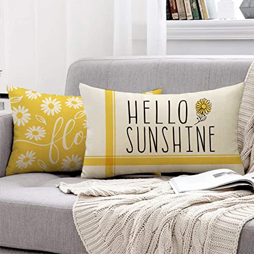 Fahrendom Hello Sunshine Lumbar Decorative Rectangle Pillow Cover 12X20 Set Of 4, Spring Summer Yellow Daisy Floral Flower Porch Patio Outdoor Pillowcase, Just Bloom Sofa Couch Cushion Case Home Decor #TOP3