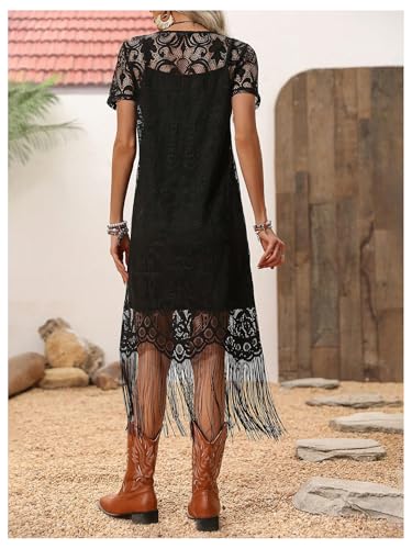 WDIRARA Women's Western Concert 2 Piece Outfits Short Sleeve Sheer Fringe Dress and Cami Dress Set3