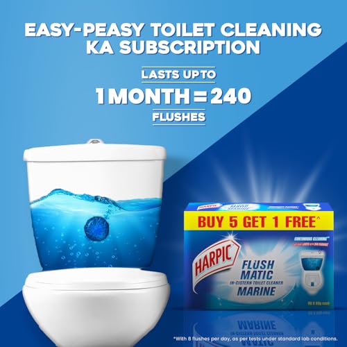 Image of Harpic Disinfectant Toilet Cleaner Liquid, Original - 1 L (Pack of 3) & Harpic Flushmatic In-Cistern Toilet Cleaner Blocks, Aquamarine - 300 g (Buy 5 Get 1 Free) | Lasts upto 240 Flushes