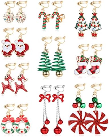 10 Pairs Christmas Earrings for Women Christmas Dangle Earrings Christmas Tree Earrings Snowflake Earrings Candy Santa Earrings Bell Holiday Earrings Christmas Jewelry Clip On Earrings Xmas Jewelry Set A