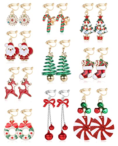 10 Pairs Christmas Earrings For Women Christmas Dangle Earrings Christmas Tree Earrings Snowflake Earrings Candy Santa Earrings Bell Holiday Earrings Christmas Jewelry Clip On Earrings Xmas Jewelry Set A #TOP3