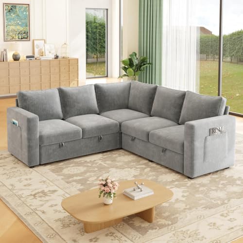 Image of 83.5 inch Chenille Sectional Sleeper Sofa, Pull Out Couch with Storage, Gray | 5 Seat Comfy Couches for Living Room, Apartments, or Guest Spaces; Sectionals Modular Sofa Design, Comfortable Seating.