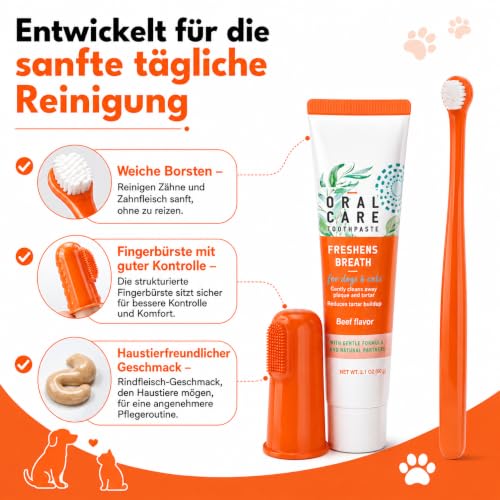 DENDAWEN Hunde Zahnpflege Set: Hundezahnpasta gegen Zahnstein und Mundgeruch, Zahncreme, Zahnpflege-Fingerling und Zahnbürste