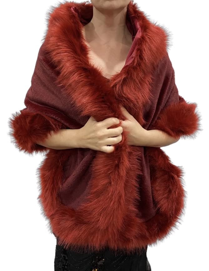 Châle d'hiver rouge en fausse fourrure de prestige pour soirée et mariée