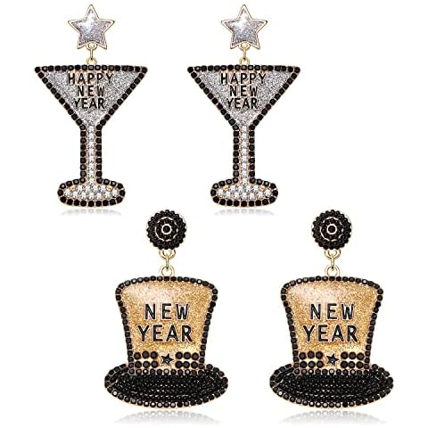 New Year Earrings Set 2023 NYE Earrings for Women Beaded Top Hat Cocktail Glass Dangle Earrings Statement Crystal Earrings Holiday Party Jewelry Gifts, Zinc, not know Cover
