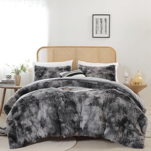 Smoofy Fluffy Twin Comforter Set, Faux Fur Comforter Set White, Luxury Fuzzy Twin Bedding Set Pink, Soft Shaggy Bed Set for All Season, 2 Pieces - 1 Comforter & 1 Pillowcase, Tie-Dye Grey