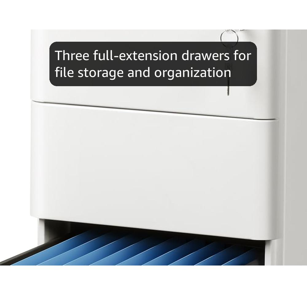 DEVAISE 3 Drawer File Cabinet, Slim Metal Filing Cabinet with Lock, Under Desk Storage Cabinet for Letters/Legal/A4, Fully Assembled Except Casters - White