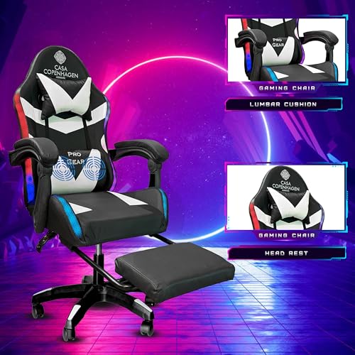 Image of Casa Copenhagen Designed in Denmark,High-Back Italian Leather Gaming Ergonomic Chair with Advanced Mechanism with LED Light & Electric Back Massager, Memory Foam Seating - White & Black