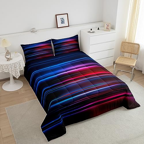 Image of Feelyou Ombre Comforter Set Queen, Red Blue and Black Striped Bedding Set Gradient Contemporary Comforter for Kids Boys Girls Teens Modern Abstract Geometric Duvet Set Lightweight Quilt Set